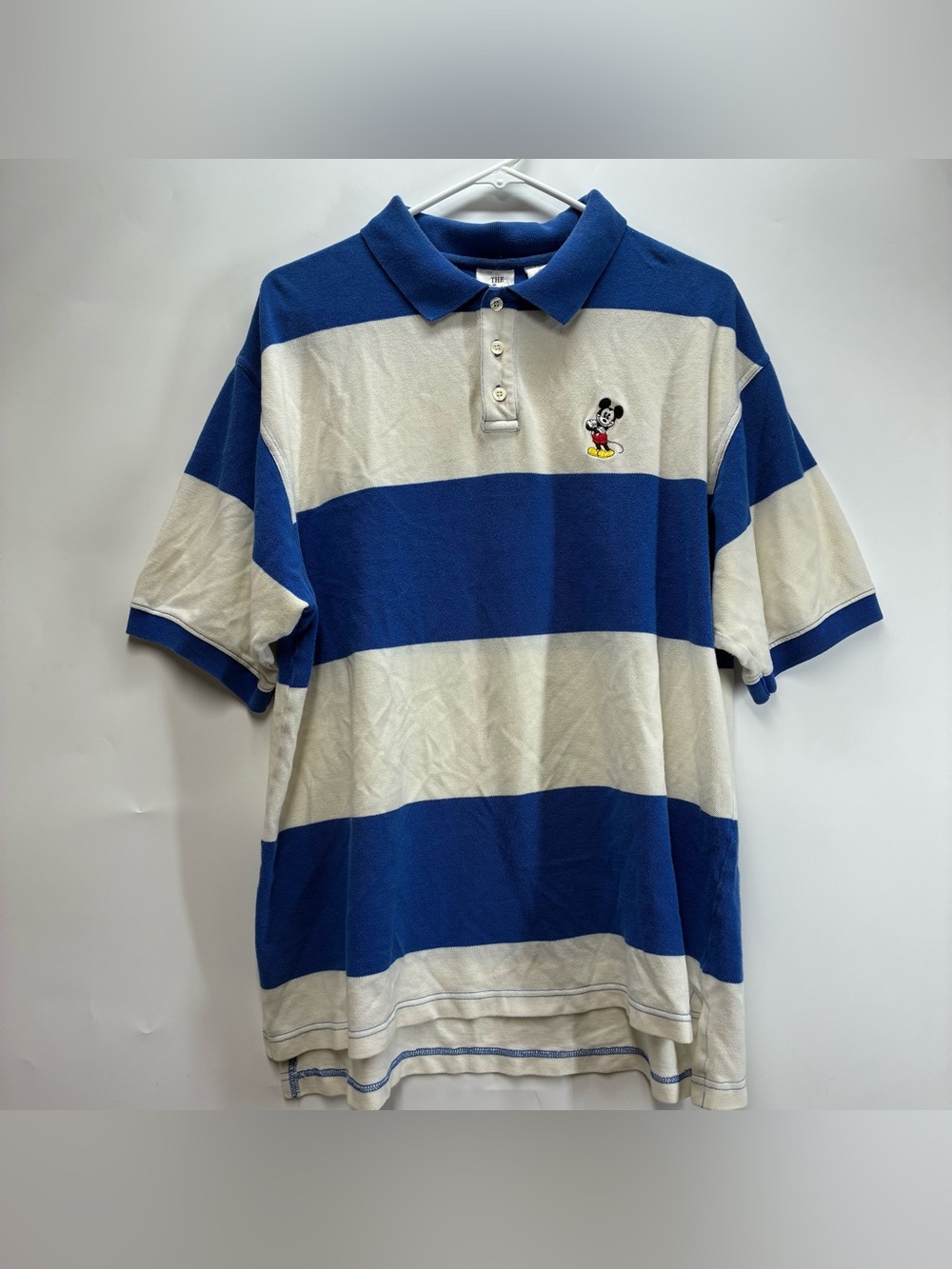 Vintage 90s Disney Store Mickey Mouse Striped Polo Shirt Blue White